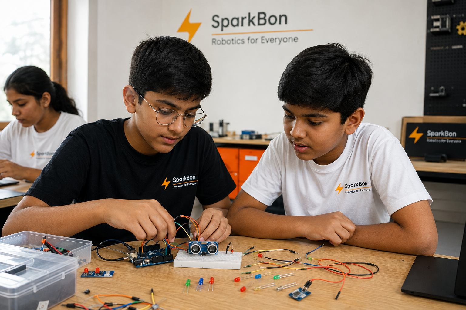 Students assembling a line follower robot